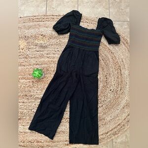 Black Puff-Sleeve Jumpsuit with Smocked Bodice